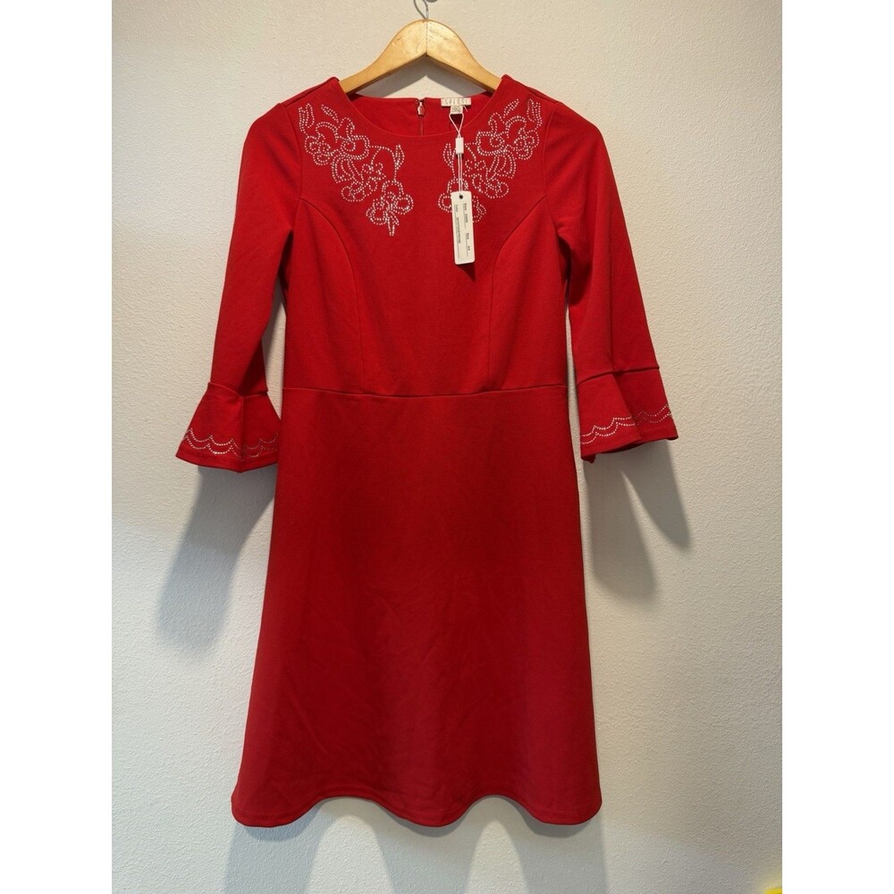 NWT Spense Red Dress Embellishment Sparkle Bell Sleeves Size 4 Women’s